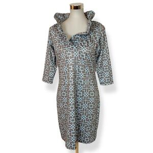 Gretchen Scott Designs Taupe and Light Blue Ruffnecj Sheath Dress